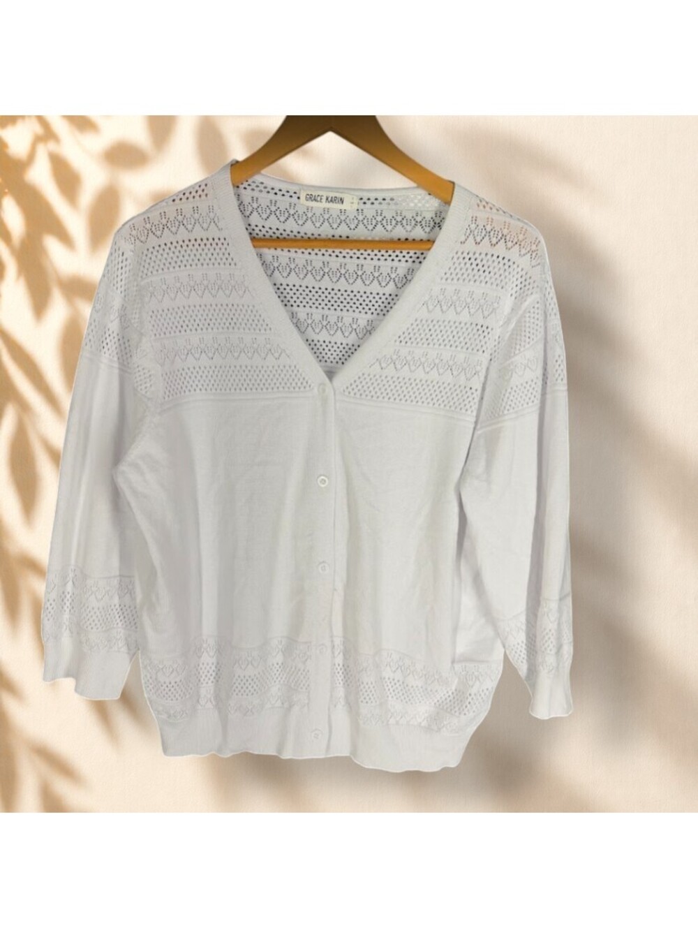 Grace Karin Cardigan Women L Large White V-Neck Knit Button Long Sleeve Soft